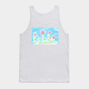 Beautiful watercolor painted pink flowers on a blue background Tank Top